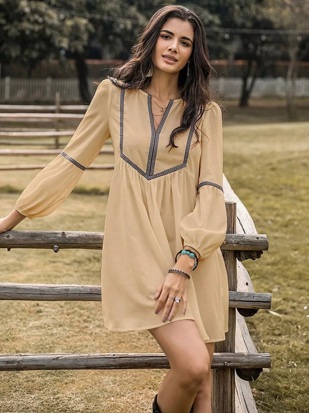 Color Block Long Sleeve Mini Dress - Trendy Dresses/Casual in Tan for Women | The802Gypsy