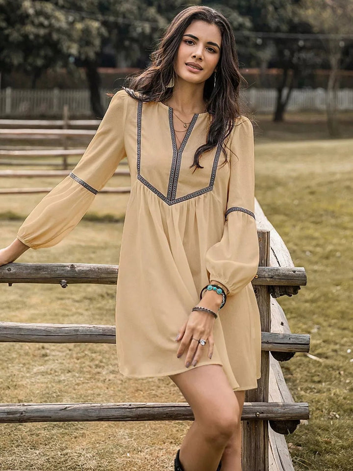 Color Block Long Sleeve Mini Dress - Trendy Dresses/Casual in Tan for Women | The802Gypsy