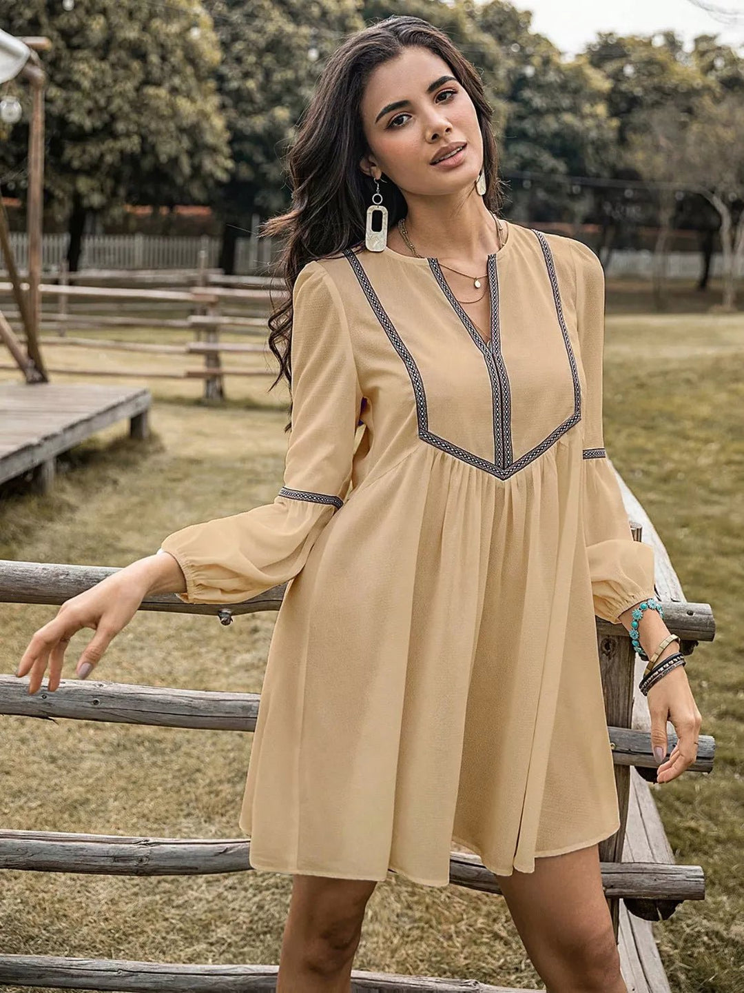 Color Block Long Sleeve Mini Dress - Trendy Dresses/Casual in Tan for Women | The802Gypsy