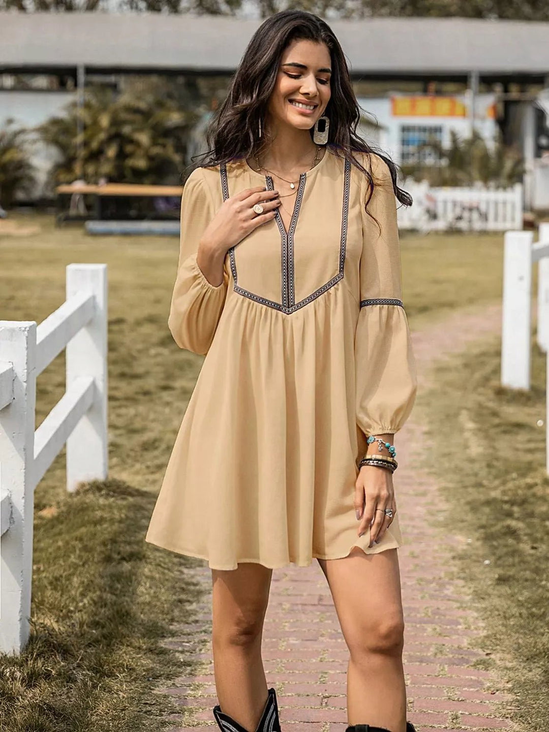 Color Block Long Sleeve Mini Dress - Trendy Dresses/Casual in Tan for Women | The802Gypsy