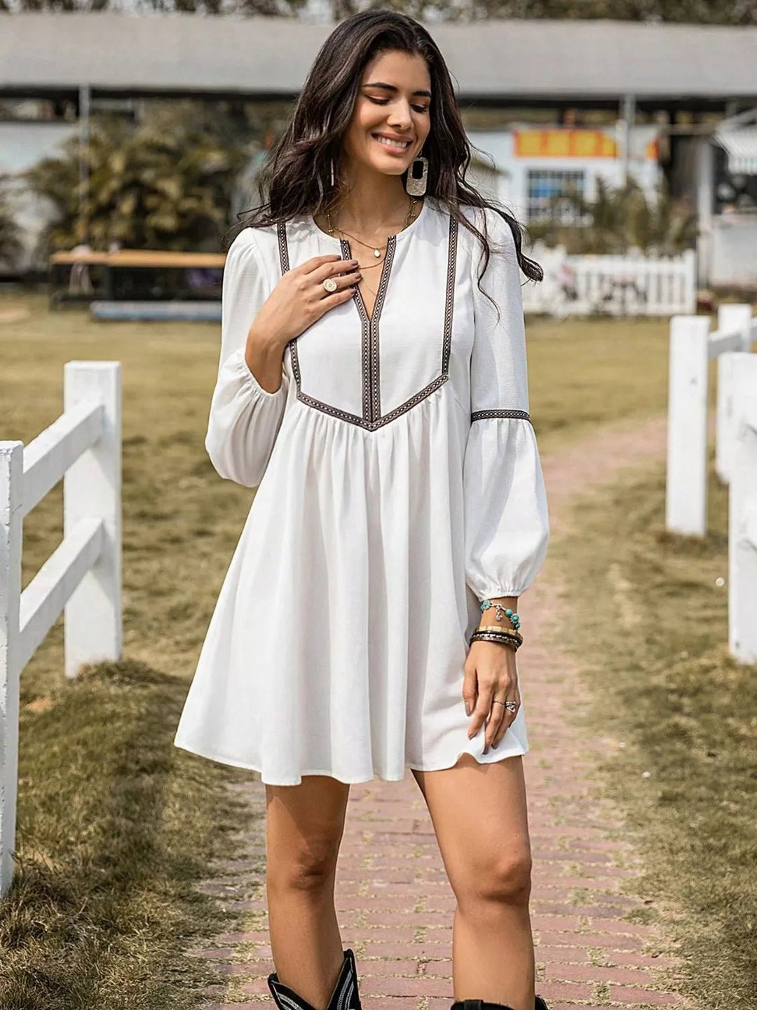 Color Block Long Sleeve Mini Dress - Trendy Dresses/Casual in White for Women | The802Gypsy