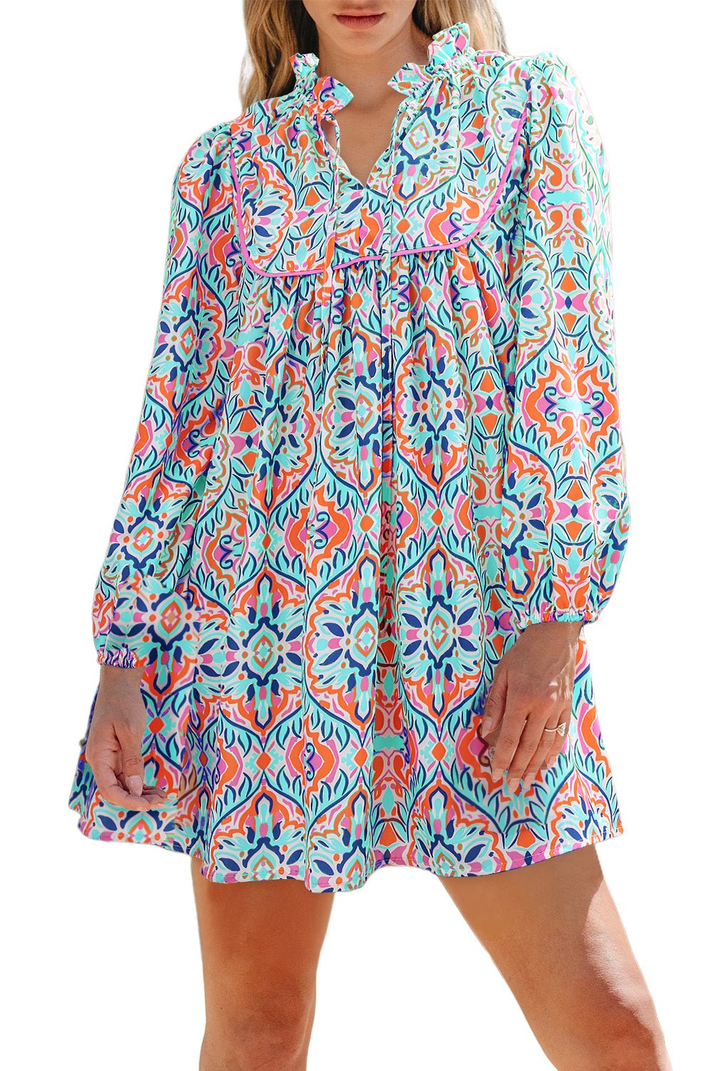 Abstract Print Tie - Neck Mini Dress - Trendy Dresses/Mini Dresses in Sky Blue for Women | The802Gypsy