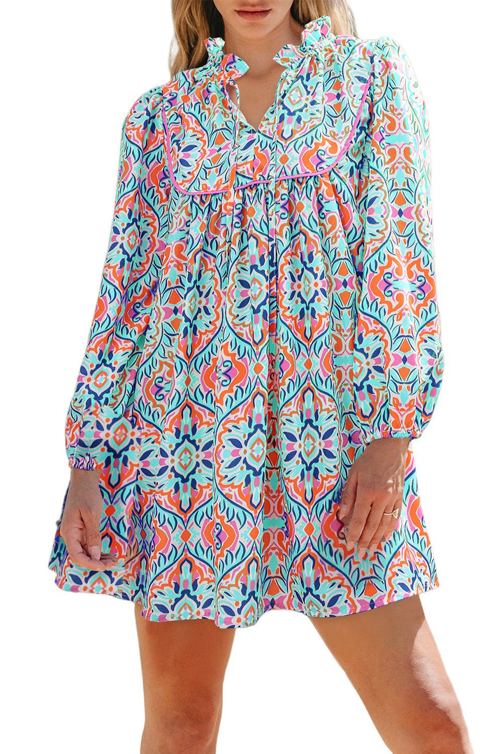 Abstract Print Tie - Neck Mini Dress - Trendy Dresses/Mini Dresses in Sky Blue for Women | The802Gypsy