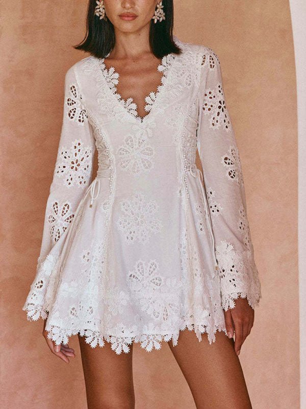 Lace V - Neck Long - Sleeve Slim Fit Mini Dress - Trendy Dresses/Party Dress in White for Women | The802Gypsy