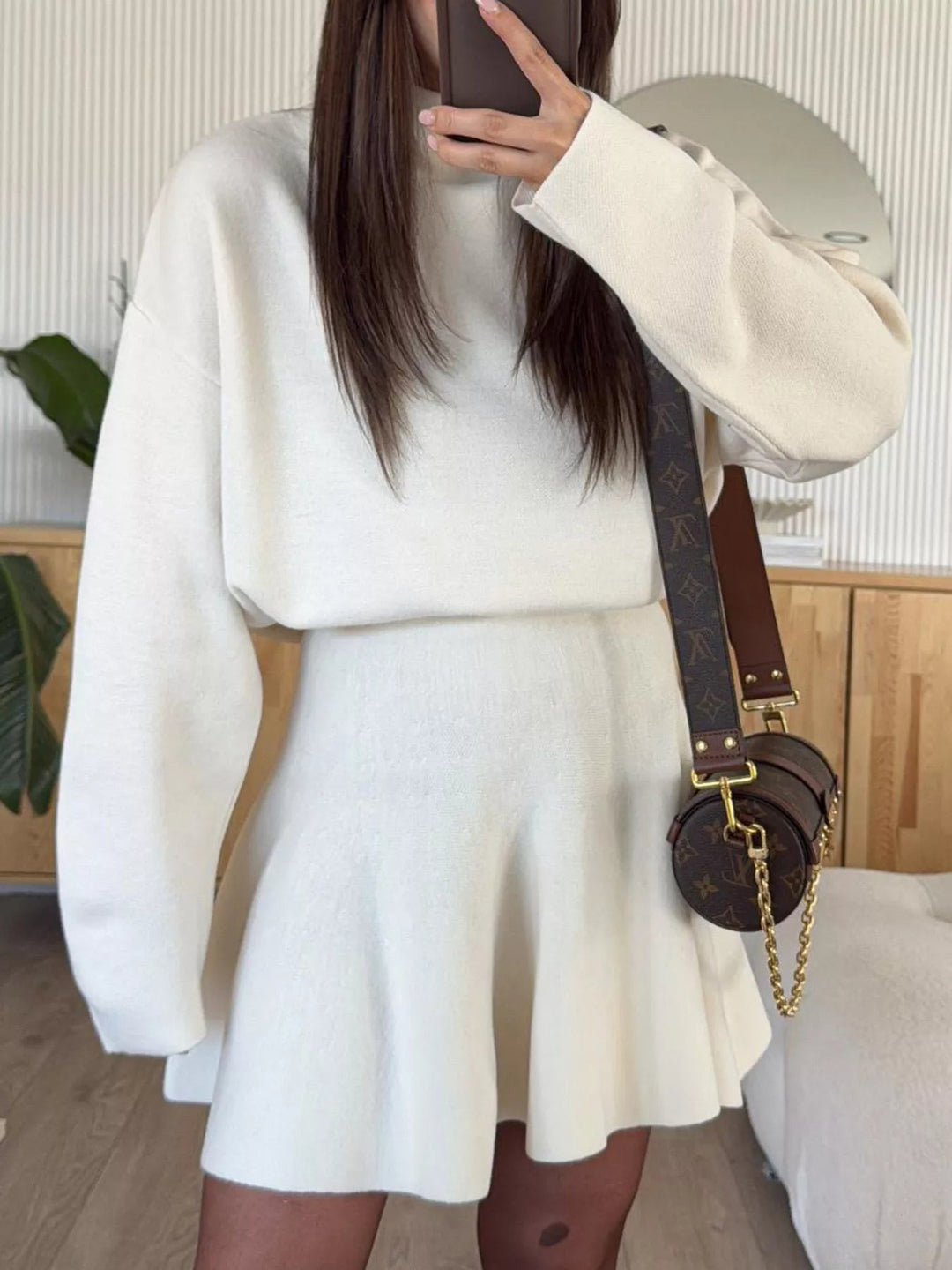 Long Sleeve Stretchy Mini Sweater Dress, White / S