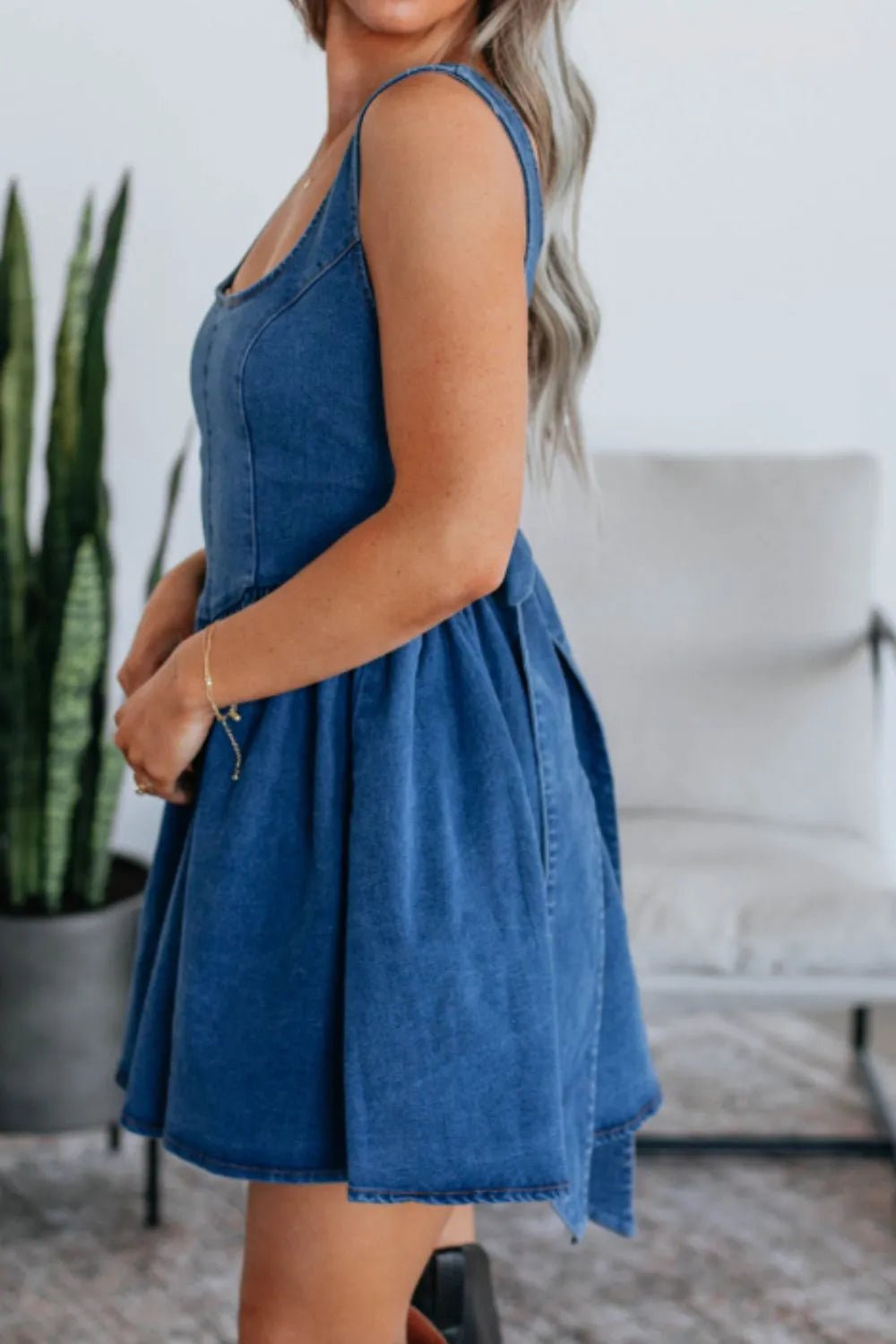 V-Back Denim Skater Dress with Bow Tie Detail The802Gypsy V-Back Denim Skater Dress with Bow Tie Detail The802Gypsy