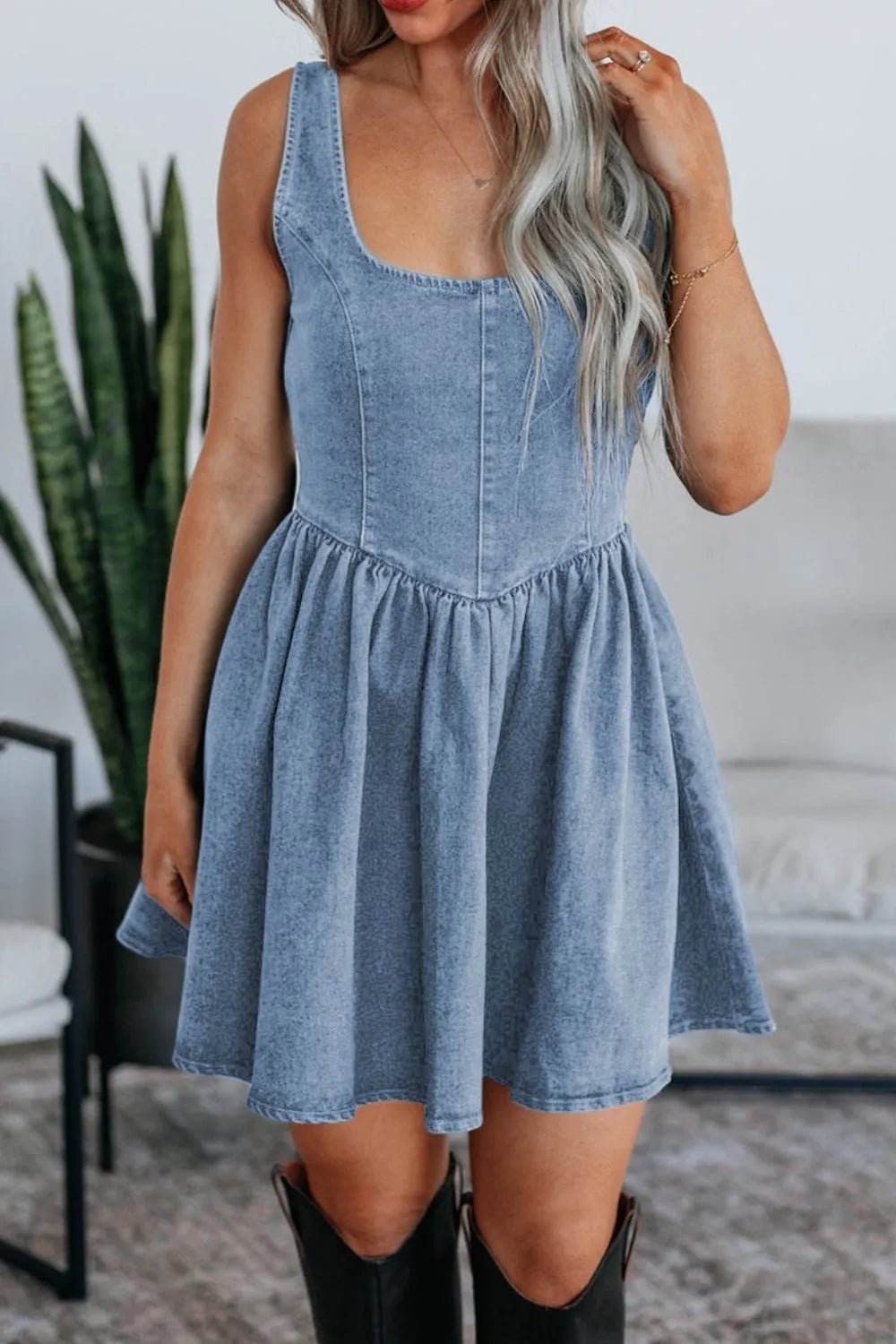 V-Back Denim Skater Dress with Bow Tie Detail The802Gypsy V-Back Denim Skater Dress with Bow Tie Detail The802Gypsy