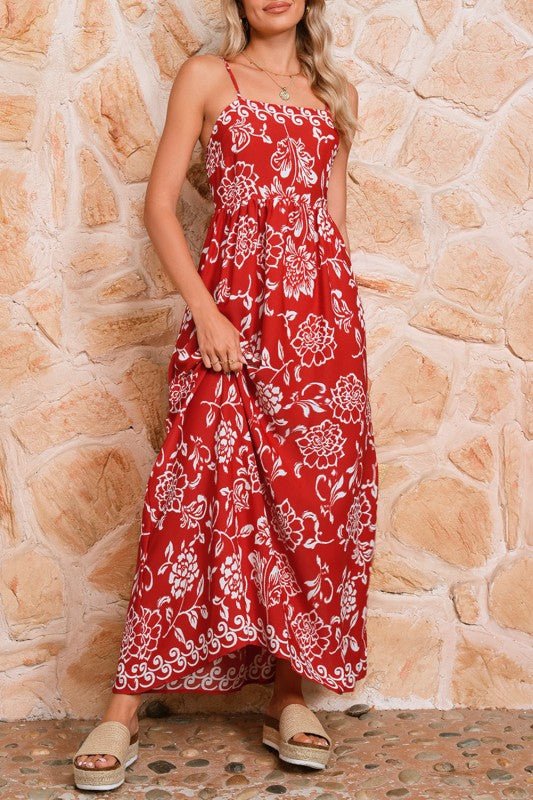 Red Floral Print Spaghetti Strap Empire Waist Maxi - Trendy Dress/Maxi dress in Red for Women | The802Gypsy