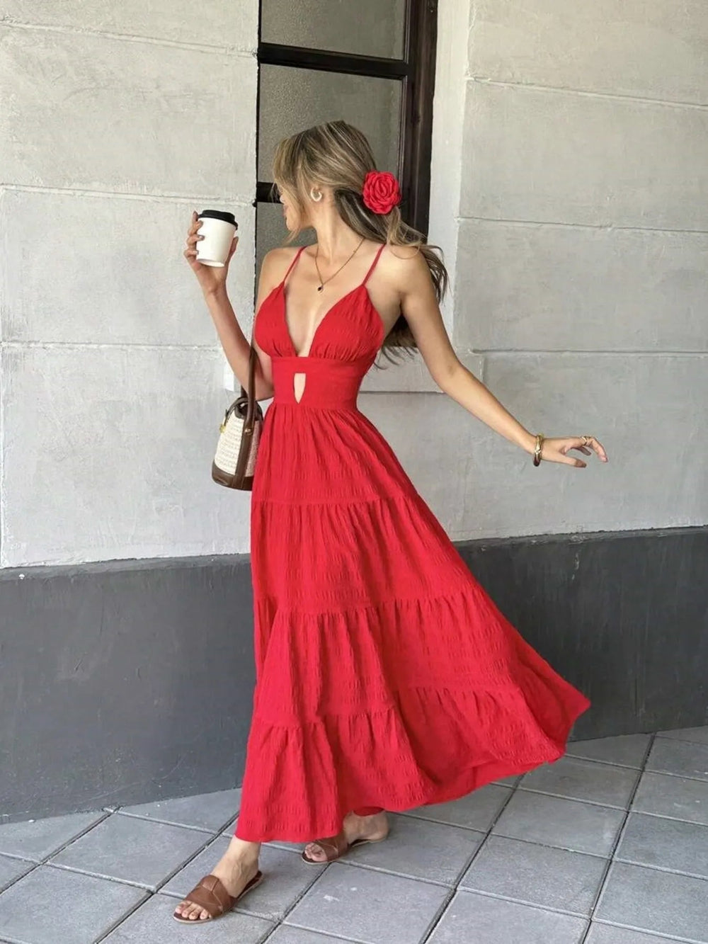 Tiered Front Cutout Maxi Dress - Trendy Dress/Maxi dress in Red for Women | The802Gypsy