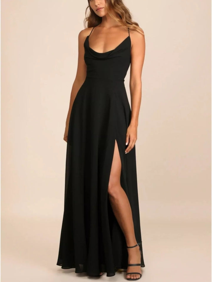 Slit Cowl Neck Lace - Up Back Maxi Dress - Trendy Dress/Party Dress in Black for Women | The802Gypsy