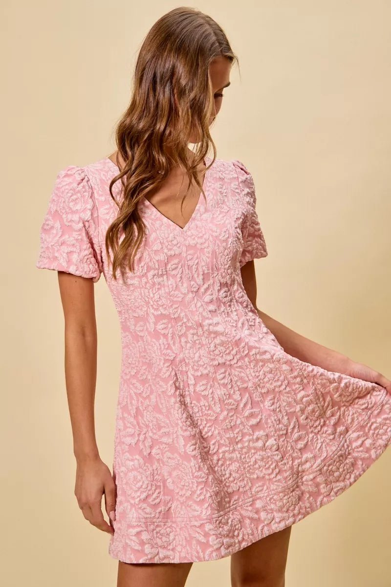 SO ME Floral Jacquard Fit And Flare Daily Mini Dress - Trendy Dress/Party Dress in BLUSH for Women | The802Gypsy