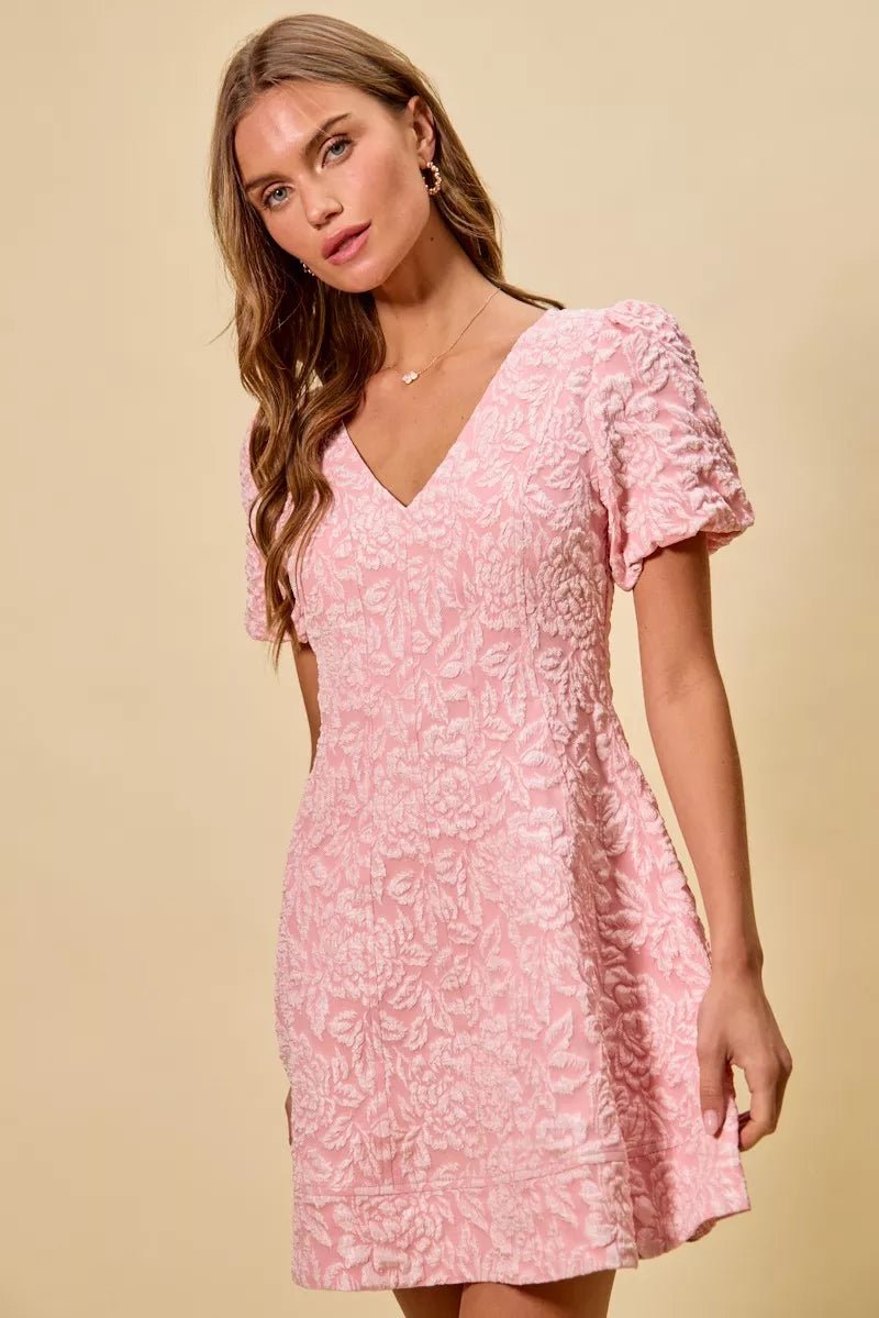 SO ME Floral Jacquard Fit And Flare Daily Mini Dress - Trendy Dress/Party Dress in BLUSH for Women | The802Gypsy
