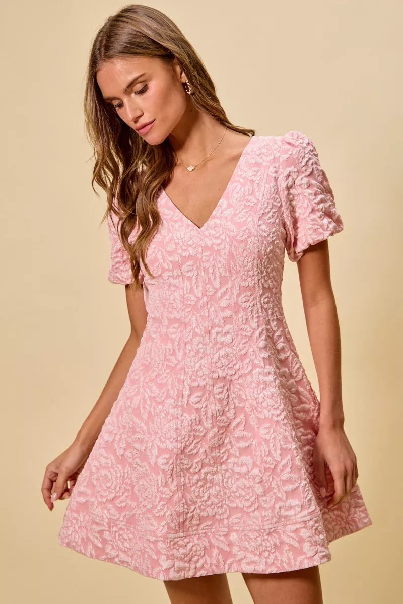 SO ME Floral Jacquard Fit And Flare Daily Mini Dress - Trendy Dress/Party Dress in BLUSH for Women | The802Gypsy