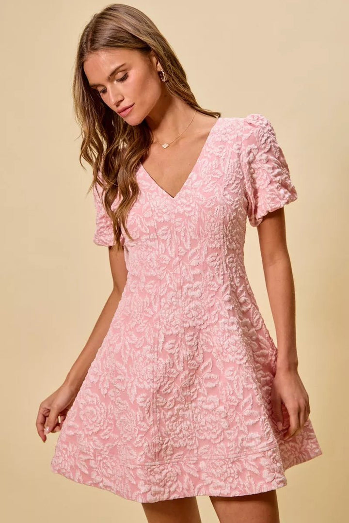 SO ME Floral Jacquard Fit And Flare Daily Mini Dress - Trendy Dress/Party Dress in BLUSH for Women | The802Gypsy
