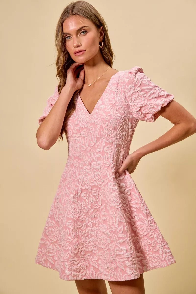 SO ME Floral Jacquard Fit And Flare Daily Mini Dress - Trendy Dress/Party Dress in BLUSH for Women | The802Gypsy