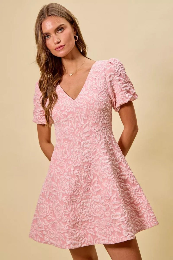 SO ME Floral Jacquard Fit And Flare Daily Mini Dress - Trendy Dress/Party Dress in BLUSH for Women | The802Gypsy
