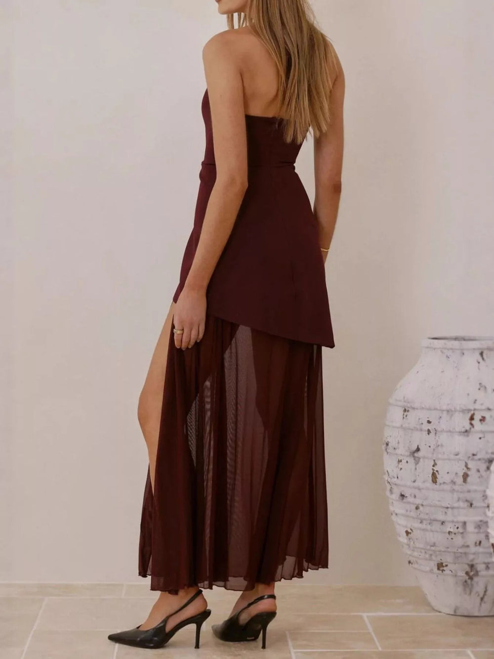 High - Slit Mesh Tube Maxi Dress - Trendy Dress/Party Dress in Burgundy for Women | The802Gypsy