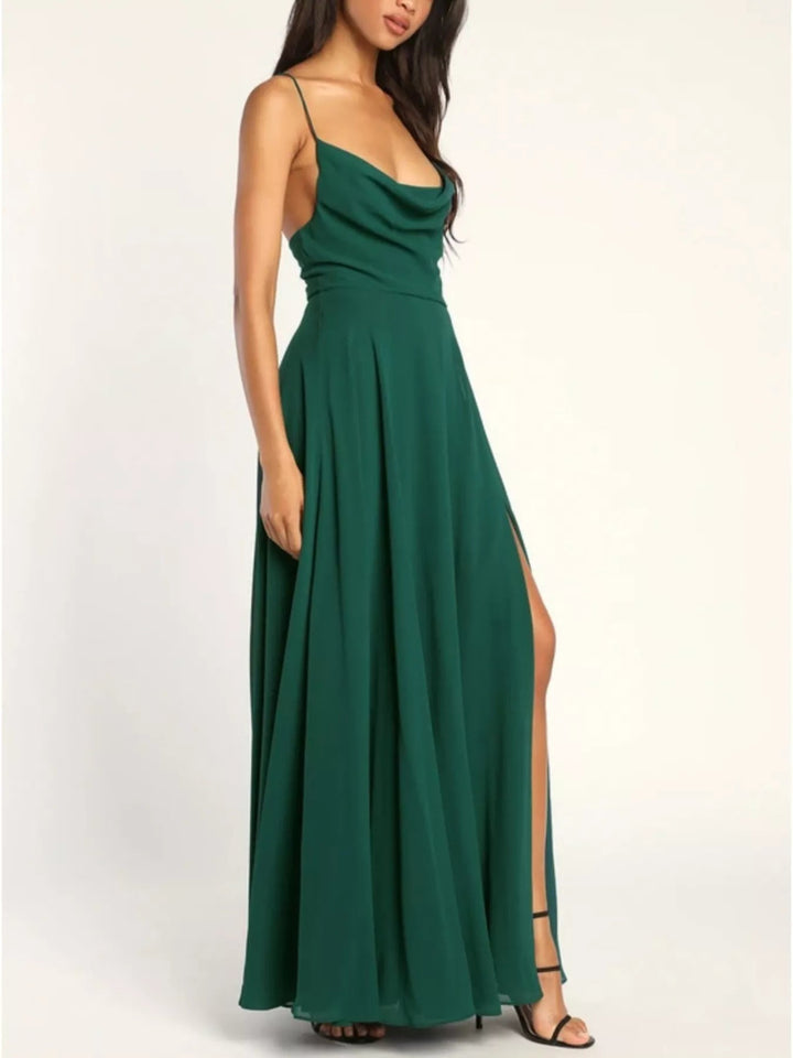 Slit Cowl Neck Lace - Up Back Maxi Dress - Trendy Dress/Party Dress in Green for Women | The802Gypsy