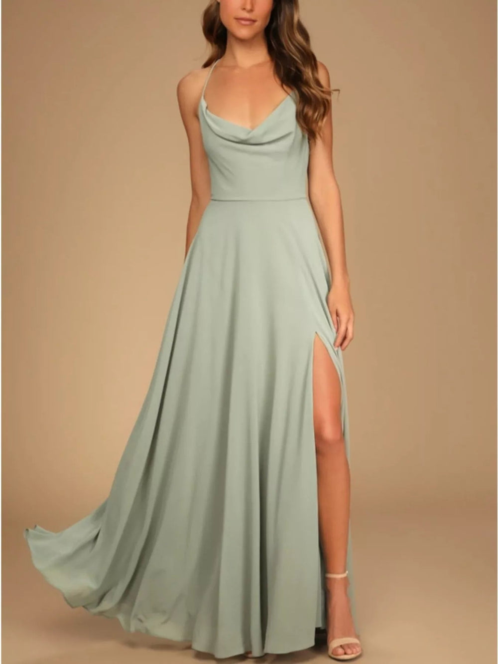 Slit Cowl Neck Lace - Up Back Maxi Dress - Trendy Dress/Party Dress in Light Green for Women | The802Gypsy