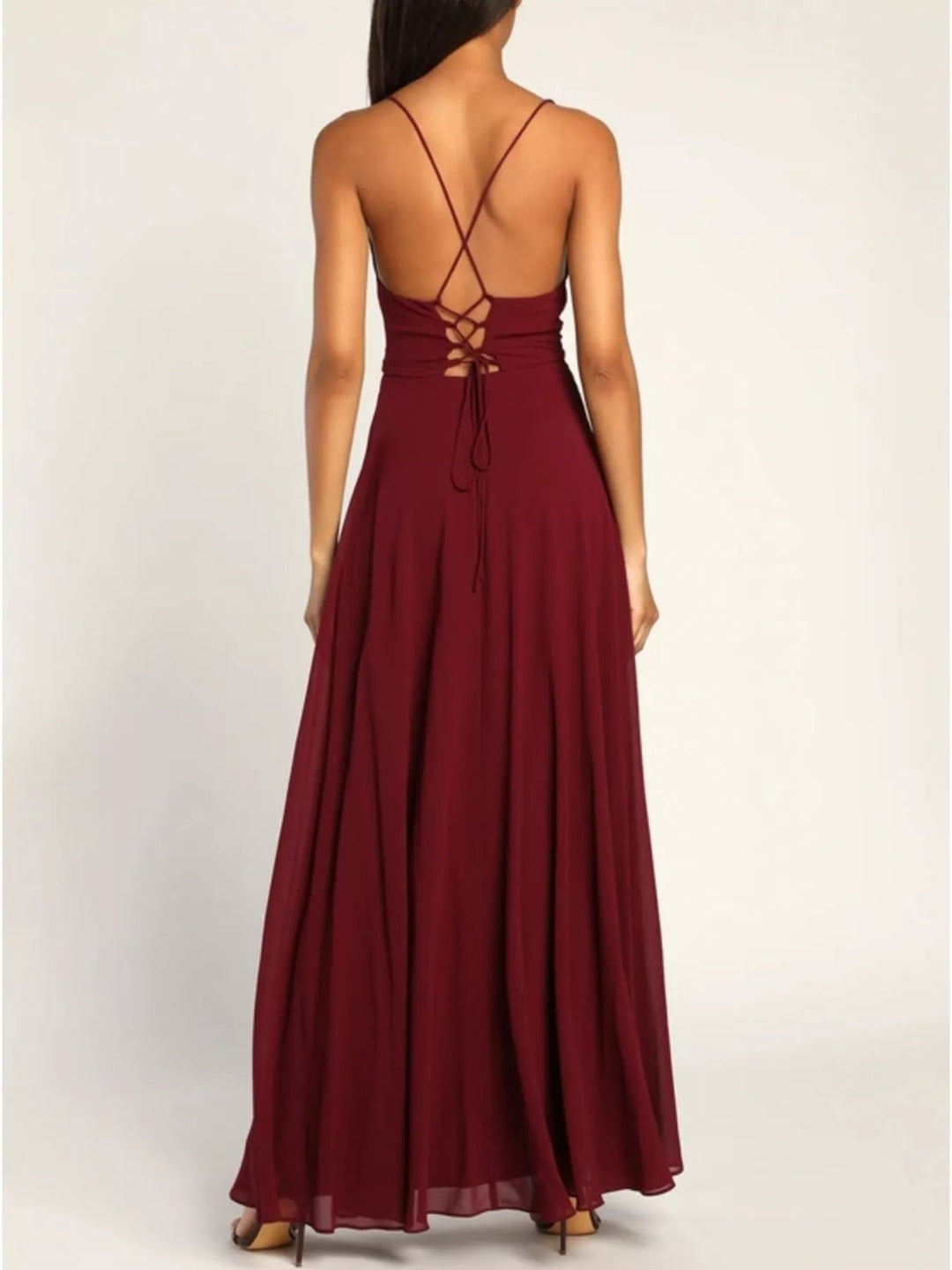 Slit Cowl Neck Lace - Up Back Maxi Dress - Trendy Dress/Party Dress in Wine Red for Women | The802Gypsy