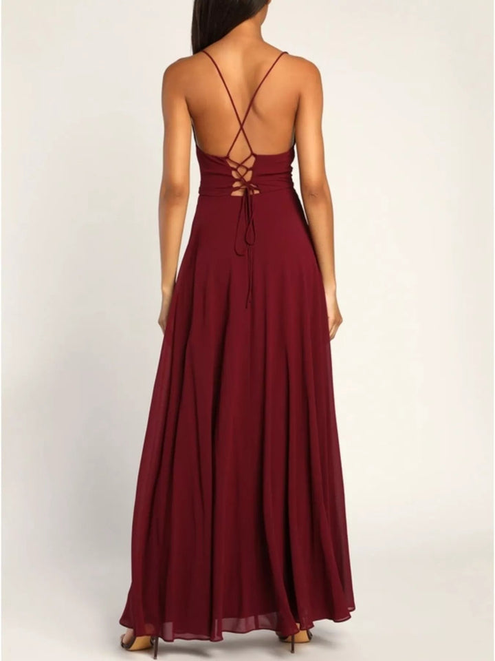 Slit Cowl Neck Lace - Up Back Maxi Dress - Trendy Dress/Party Dress in Wine Red for Women | The802Gypsy