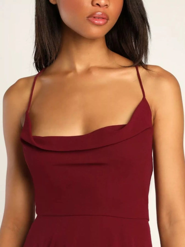 Slit Cowl Neck Lace - Up Back Maxi Dress - Trendy Dress/Party Dress in Wine Red for Women | The802Gypsy