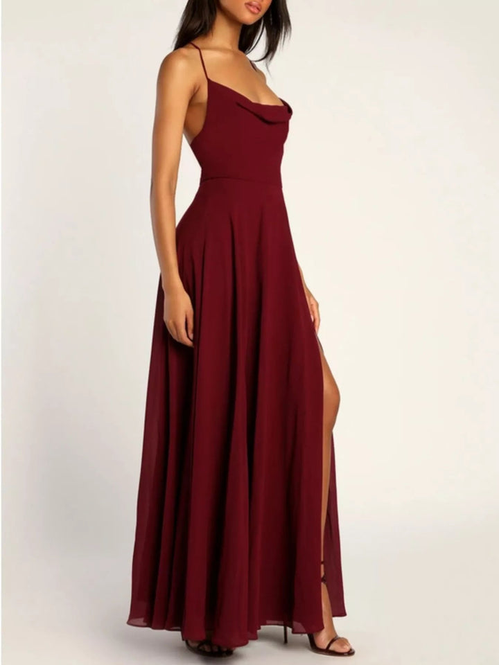Slit Cowl Neck Lace - Up Back Maxi Dress - Trendy Dress/Party Dress in Wine Red for Women | The802Gypsy