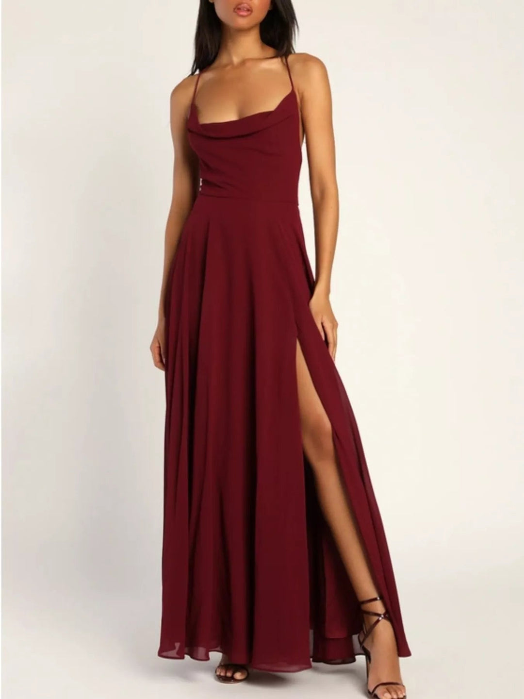Slit Cowl Neck Lace - Up Back Maxi Dress - Trendy Dress/Party Dress in Wine Red for Women | The802Gypsy