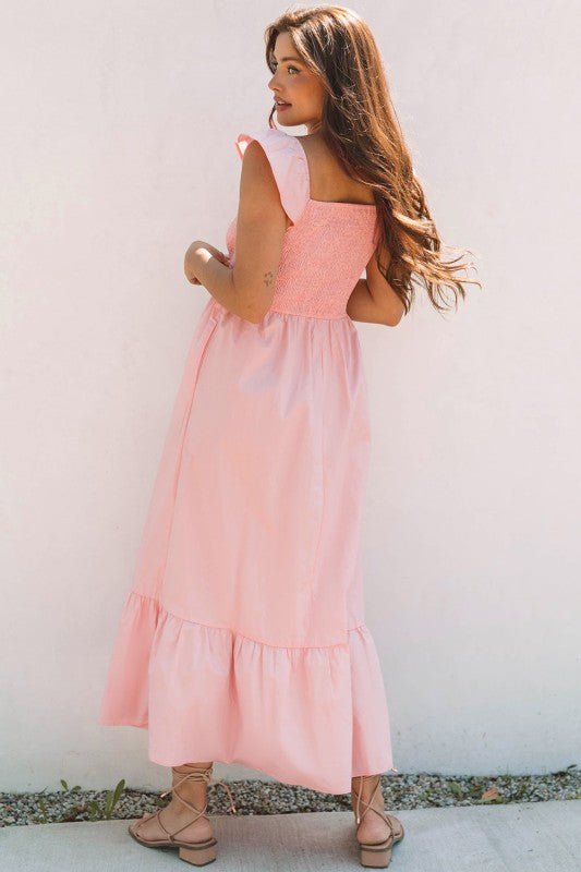 JUNIPER BLVD V - Neck Flutter Sleeve Ruffle Maxi Dress - Trendy Dress/Short - Sleeve Dress in Apricot Pink for Women | The802Gypsy