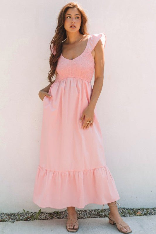 JUNIPER BLVD V - Neck Flutter Sleeve Ruffle Maxi Dress - Trendy Dress/Short - Sleeve Dress in Apricot Pink for Women | The802Gypsy