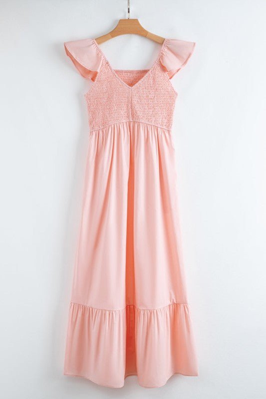 JUNIPER BLVD V - Neck Flutter Sleeve Ruffle Maxi Dress - Trendy Dress/Short - Sleeve Dress in Apricot Pink for Women | The802Gypsy