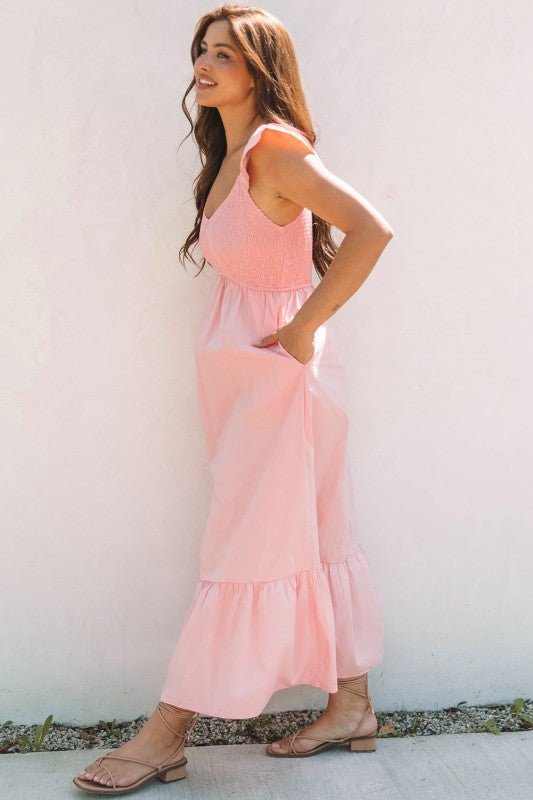 JUNIPER BLVD V - Neck Flutter Sleeve Ruffle Maxi Dress - Trendy Dress/Short - Sleeve Dress in Apricot Pink for Women | The802Gypsy