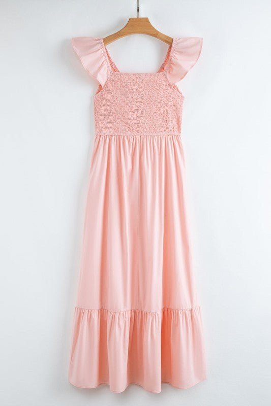 JUNIPER BLVD V - Neck Flutter Sleeve Ruffle Maxi Dress - Trendy Dress/Short - Sleeve Dress in Apricot Pink for Women | The802Gypsy