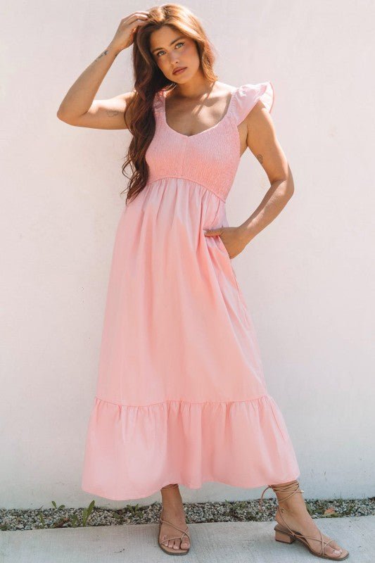 JUNIPER BLVD V - Neck Flutter Sleeve Ruffle Maxi Dress - Trendy Dress/Short - Sleeve Dress in Apricot Pink for Women | The802Gypsy