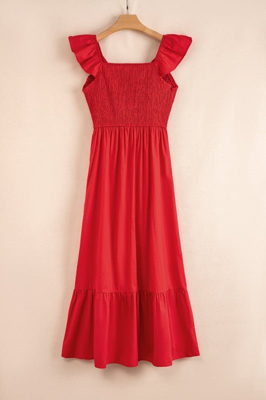 JUNIPER BLVD V - Neck Flutter Sleeve Ruffle Maxi Dress - Trendy Dress/Short - Sleeve Dress in Fiery Red for Women | The802Gypsy