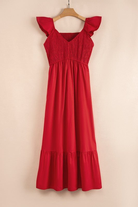 JUNIPER BLVD V - Neck Flutter Sleeve Ruffle Maxi Dress - Trendy Dress/Short - Sleeve Dress in Fiery Red for Women | The802Gypsy
