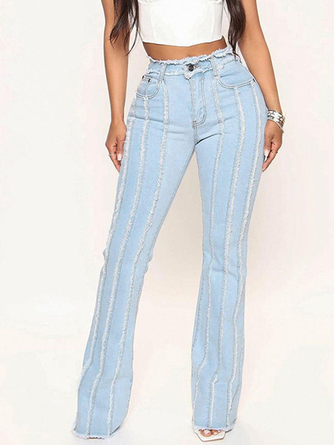 GYPSY-Striped Raw Hem Jeans