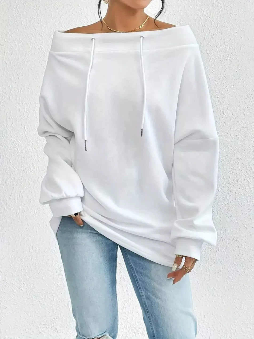 Off-Shoulder Drawstring Sweatshirt