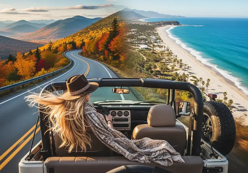 Woman in a convertible car on a scenic road with ocean and mountains in the background.