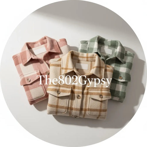 Three plaid shirts in pink, beige, and green on a white background with 'The802Gypsy' branding.