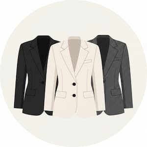 Three blazers in black, white, and gray on a light beige background.
