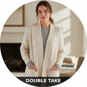 Woman wearing a cream cardigan in a living room setting with 'DOUBLE TAKE' text overlay.