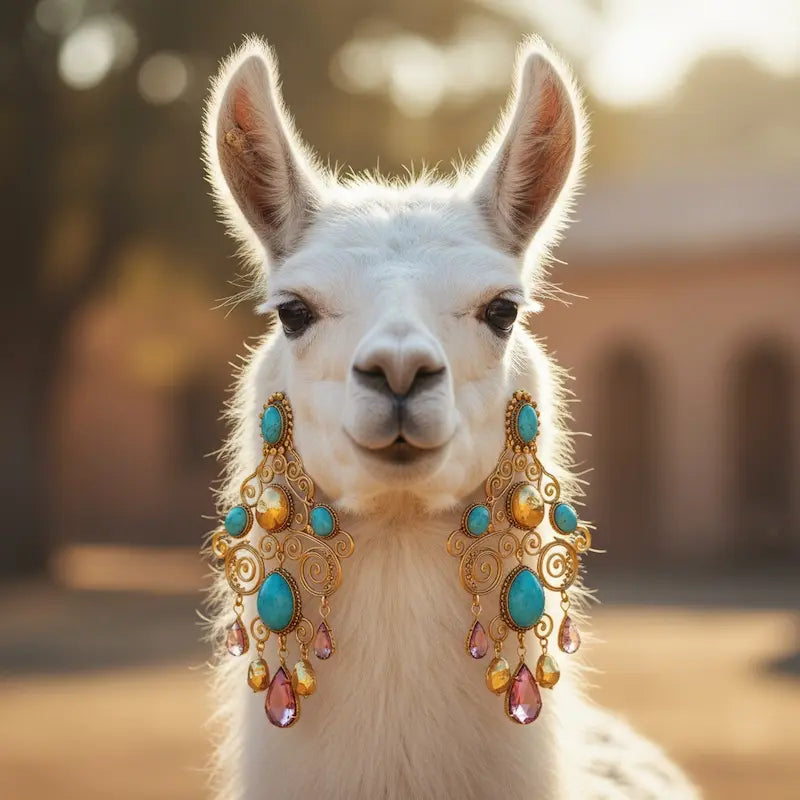 White llama wearing colorful statement earrings - Don't Be a Drama Llama collection banner at The802Gypsy.