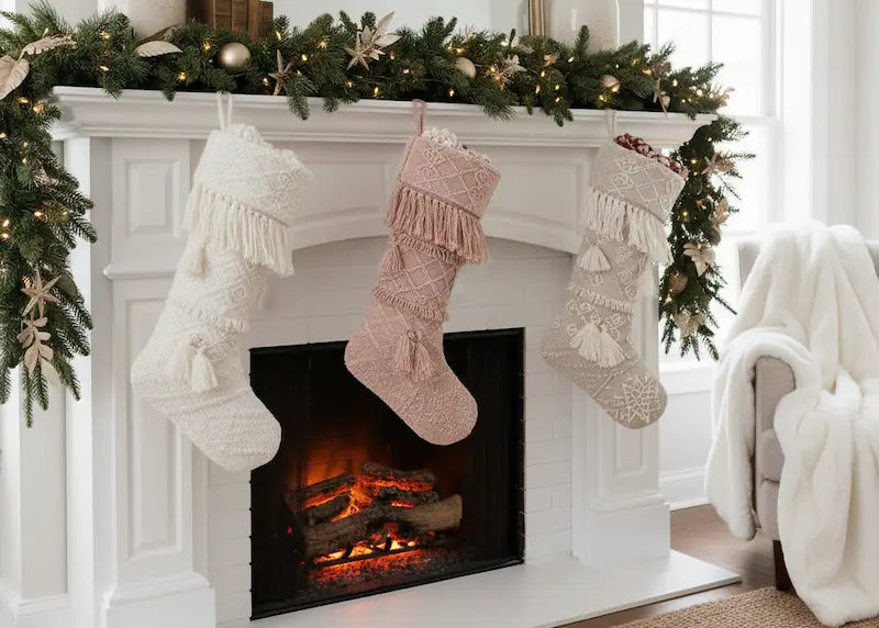 Decorative stockings hanging above a fireplace with Christmas decorations.