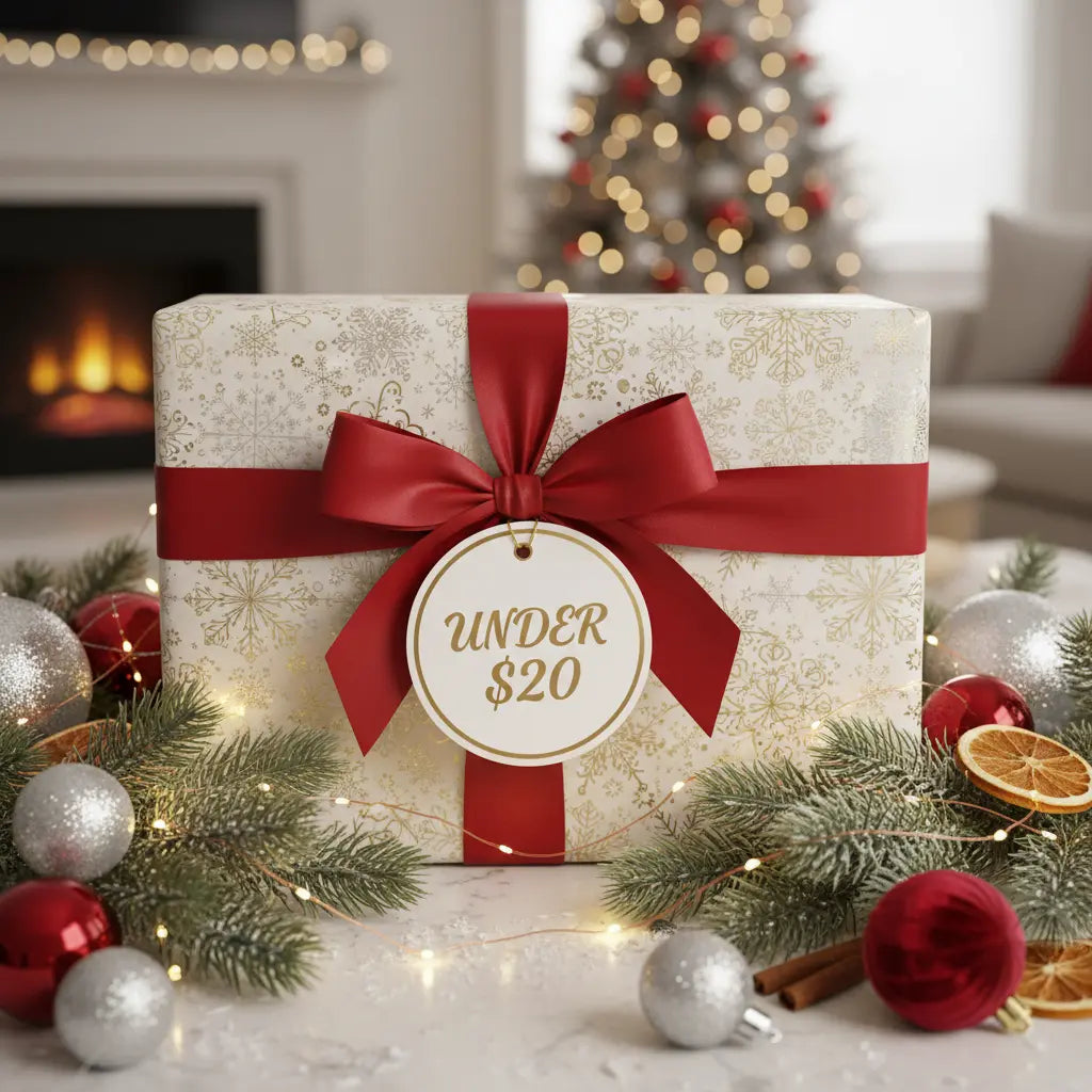 Gift box with red ribbon and 'Under $20' tag on a festive background with Christmas decorations.