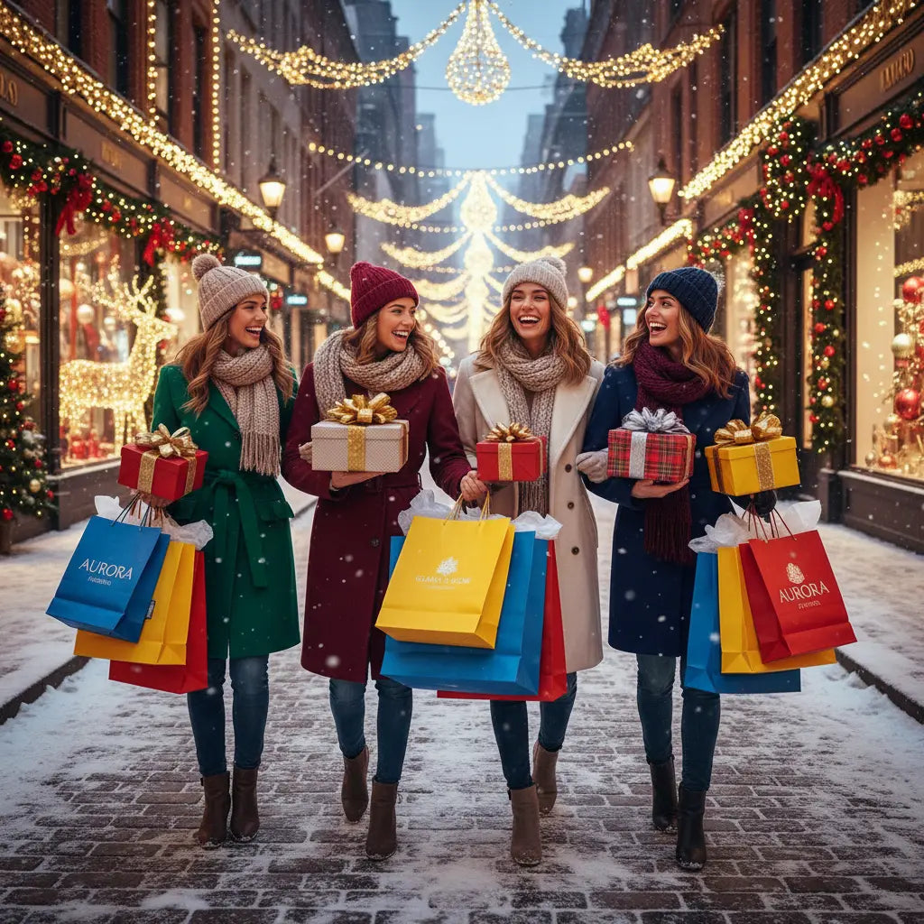 Four women walking down a snowy street holding shopping bags and Christmas presents, surrounded by festive decorations.