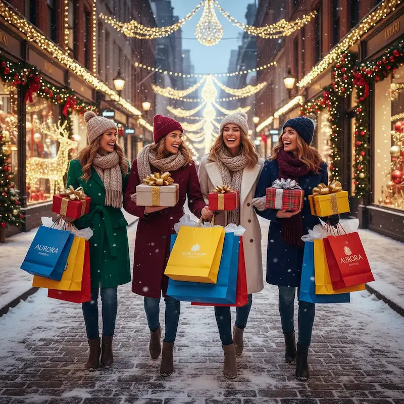 Four women walking down a snowy street holding shopping bags and Christmas presents, surrounded by festive decorations.