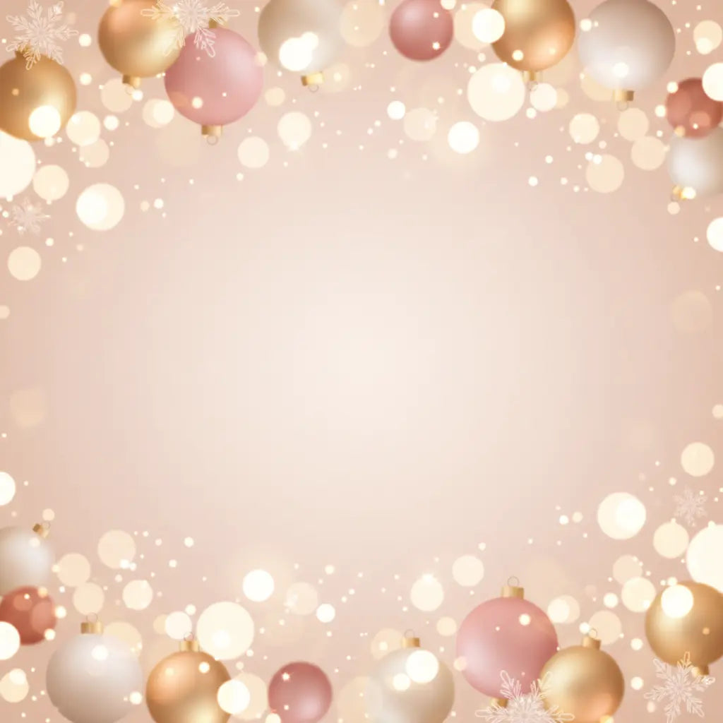 Decorative background with Christmas ornaments on a light pink gradient.