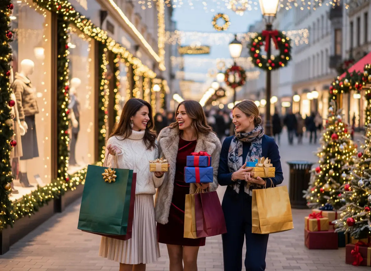 Three women shopping on a festive street with Christmas decorations.