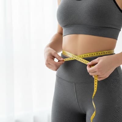 Person measuring waist with a tape measure wearing gray athletic wear.